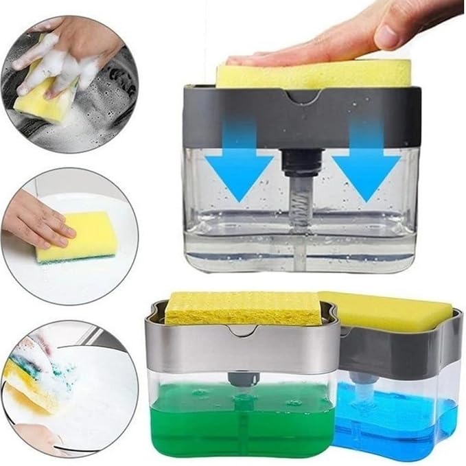 Dispenser de Detergente 2 em 1 com Suporte para Esponja – Praticidade e Economia na Sua Cozinha